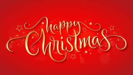 HAPPY CHRISTMAS gold vector brush calligraphy banner with stars on red background