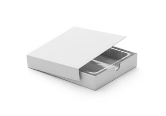 Fototapeta premium Elegant white gift box with silver compartments isolated on white background