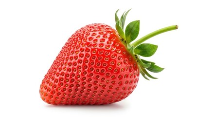 Vibrant red strawberry, perfectly ripe, with green calyx and stem, isolated on white.