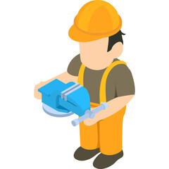 Isometric worker in yellow hard hat and orange overalls holds a blue vise tool on a white background with a transparent background for graphic design elements