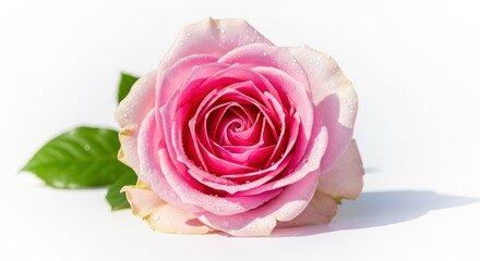 Vibrant pink rose with glistening water drops on petals, isolated on a white background.