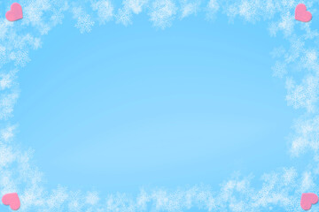 Blue snowflakes frame with pink small hearts by side