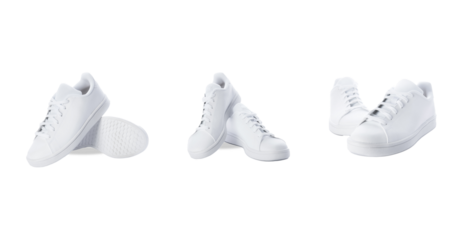 three pairs of clean white casual sneakers or tennis shoes displayed in different angles and arrangements, showcasing simple and timeless footwear design isolated on a transparent background.