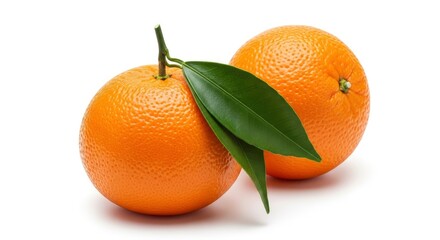 Vibrant oranges with green leaves, isolated on white. Fresh, healthy citrus fruit, rich in vitami...