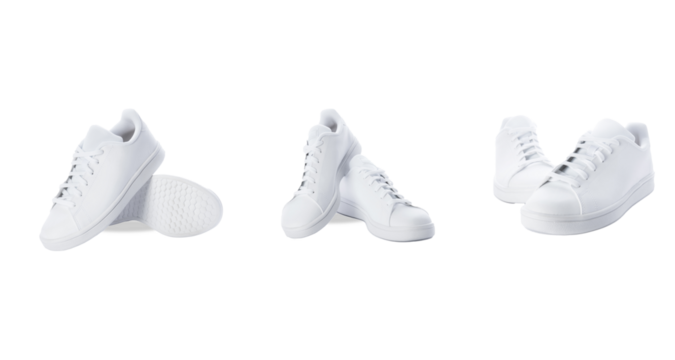 three pairs of clean white casual sneakers or tennis shoes displayed in different angles and arrangements, showcasing simple and timeless footwear design isolated on a transparent background.