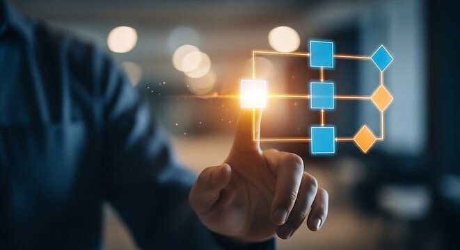 Hand Interacting With Digital Flowchart And Data Visualization
