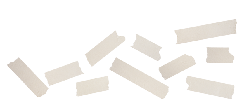 photograph of small, scattered pieces of beige masking tape arranged irregularly, showcasing ripped edges and realistic paper texture, isolated on black.
