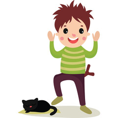 Joyful young boy with brown hair wearing a green striped sweater and burgundy pants playfully stands next to a sleeping black cat on a yellow mat with a white background