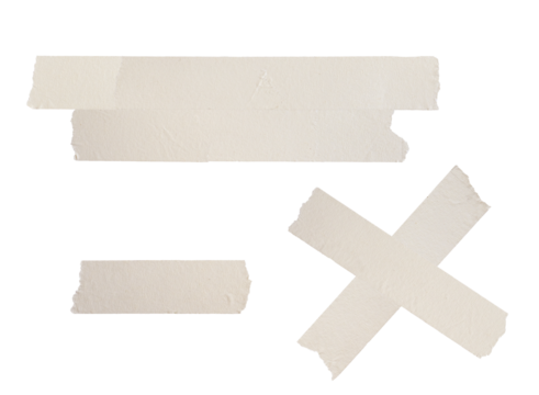 photograph of beige masking tape pieces isolated on black, arranged as horizontal layers and a prominent x shape, highlighting torn edges and paper texture.