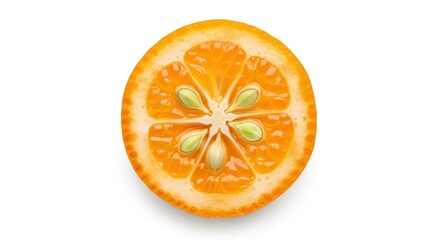 Fresh, juicy kumquat slice, vibrant orange with visible seeds, isolated on a white background.