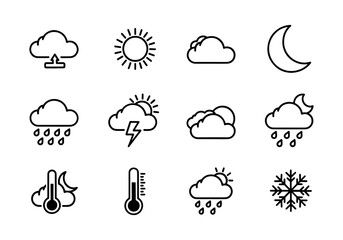 Obraz premium Vector art of set of weather icons, including sun, cloud, rain, moon, and temperature symbols