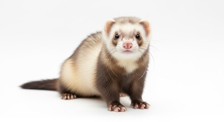 Adorable domestic ferret with brown and cream fur looking at camera on a white studio background.