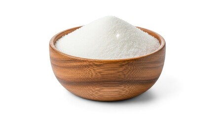 Granulated white sugar in a rustic wooden bowl, isolated on a white background with a sparkling h...