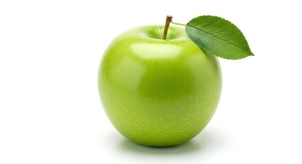 Fresh, vibrant green apple with a leaf, isolated on a white background, symbolizing health.