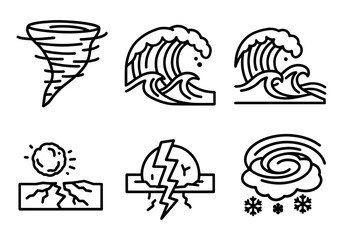 Vector art of natural disasters line art icons tornado, tsunami, drought, earthquake, hurricane