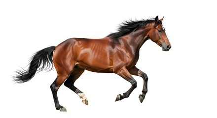 Majestic bay horse galloping with power and grace, isolated on a clean white background.