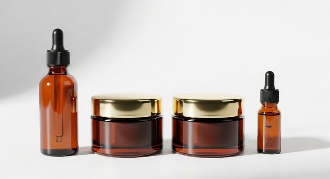 Minimalist display of amber glass dropper bottles and cream jars for beauty products.
