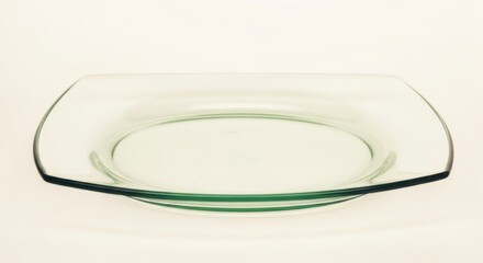 Empty clear glass plate with a subtle green tint on a light background, perfect for kitchen or di...