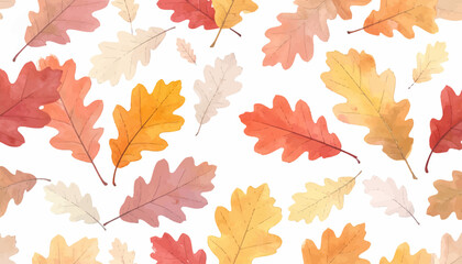 Watercolor illustration with scattered oak leaves in fall colors against a white background