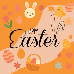 cute happy easter card. cartoon illustration with rabbit and flowers.