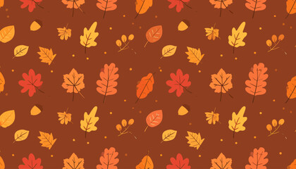 A repeating pattern featuring various autumn leaves and small berries on a brown background