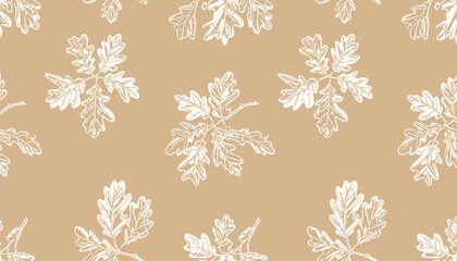 Pattern of white oak leaf outlines on a tan background, a repeating natural design