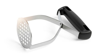 Modern stainless steel potato masher with black handle on white background, kitchen utensil.
