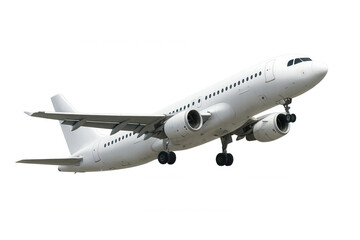 Obraz premium White passenger airplane taking off, commercial aircraft flying with landing gear extended, travel and aviation concept