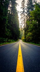 Fototapeta premium Asphalt road through a lush, dense forest with towering trees creating a natural tunnel. The focus is straight ahead