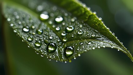 Macro Shot of a Dew Drop on a Green Leaf