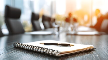 On a polished boardroom table sits a notepad with a pen ready for business du the meeting today.