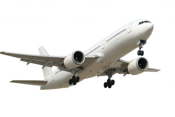 White passenger jet airplane landing with gear down, aviation travel and flight global transportation concept