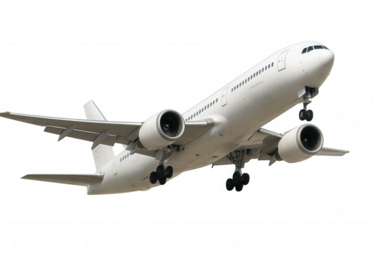 White passenger jet airplane landing with gear down, aviation travel and flight global transportation concept