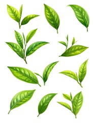 Assorted vibrant green leaves arranged against a clean white background, showcasing intricate details