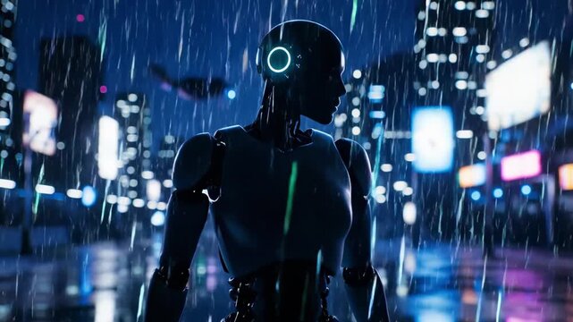 A futuristic robot stands in a rain-soaked city at night, neon lights glow