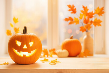 Obraz premium Realistic autumn still life for Halloween with glowing jack-o-lantern, small pumpkins and leaves on wooden table. Warm seasonal composition. Copy space for text