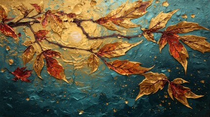 Obraz premium autumn leaves gold and teal tones, gem texture and radiant shine
