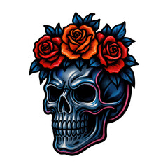PNG Skull adorned with vibrant roses.