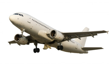 Obraz premium Commercial jet airplane ascending, landing or taking off, flying with landing gear deployed, travel and aviation concept, transparent background