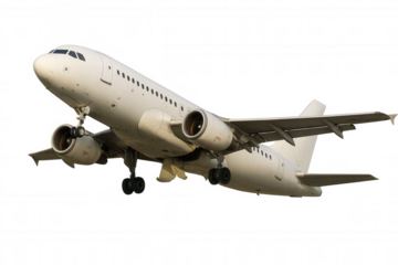 Commercial jet airplane ascending, landing or taking off, flying with landing gear deployed, travel and aviation concept, transparent background