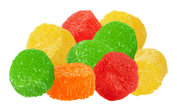 large pile of vibrant, sugar-coated gumdrop candies in primary colors including red, green, yellow, and orange isolated on black photograph.