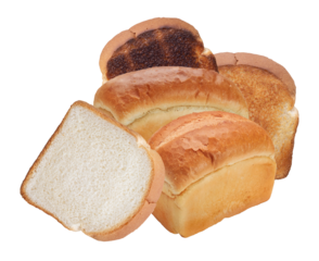 realistic photograph showcasing various stages of white sandwich bread, featuring fresh loaves, slices, lightly toasted bread, and a slice of heavily burnt toast, isolated on black studio shot.
