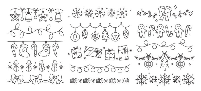 Naklejki Christmas doodle dividers and borders hand drawn sketch with repeated design set in line art style