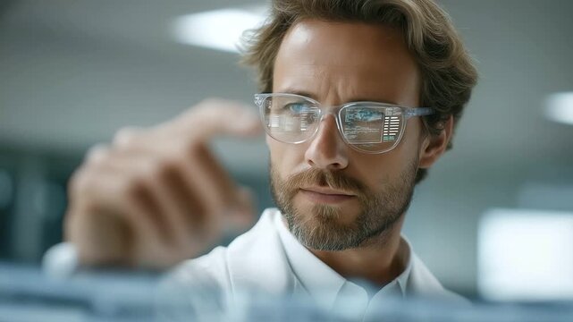 male technician using holographic interface to visualize supply chain bottlenecks subtle swish of data movement three quarter wide angle cinematic color correction gentle