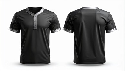 Modern black t-shirt mockup with silver accents on collar and sleeves, front and back views