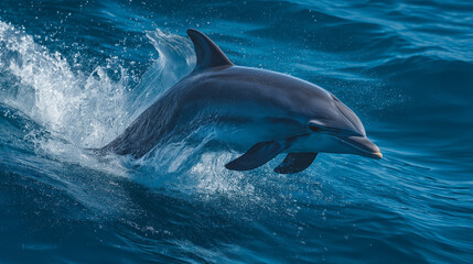 Fototapeta premium A playful dolphin leaps from the oceans surface, showcasing its agility and grace in a burst of spray