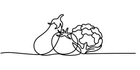 Minimalist continuous single line drawing of an eggplant tomato and cauliflower arrangement representing fresh produce art vector