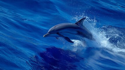 Fototapeta premium A dolphin leaps high out of the deep blue sea, showcasing its acrobatic prowess against the ocean backdrop