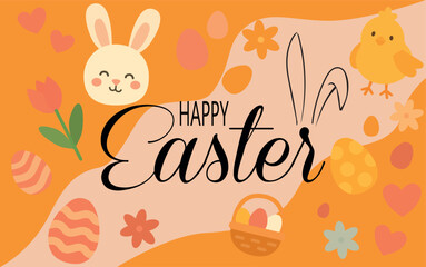 cute happy easter card. cartoon illustration with rabbit and flowers.