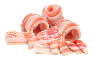 carefully composed arrangement of raw fresh streaky pork belly slices, featuring thick flat cuts and several meat rolls, isolated.